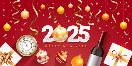 2025 Happy New Year design with Christmas decorations, gifts and wineのイラスト素材