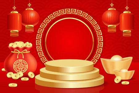 Chinese New Year podium for product display with oriental background decorationsのイラスト素材
