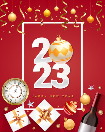 2023 Happy New Year design with Christmas decorations, gifts and wineのイラスト素材