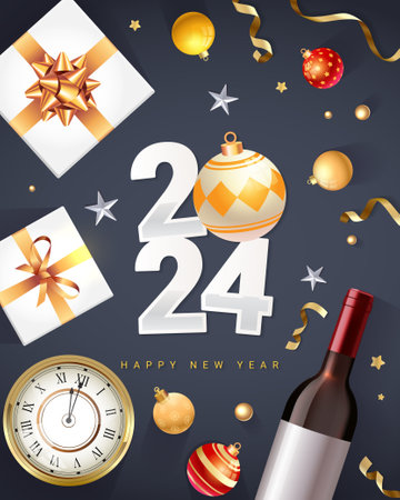 2024 Happy New Year design with Christmas decorations, gifts and wineのイラスト素材