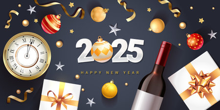 2025 Happy New Year design with Christmas decorations, gifts and wineのイラスト素材