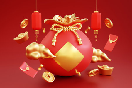 3D Chinese New Year decoration with money sackの写真素材