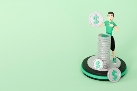3D man with stack of coins
