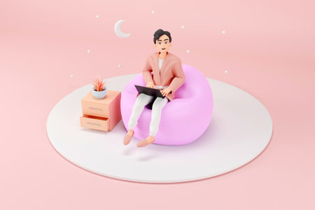 3D man work from home at night