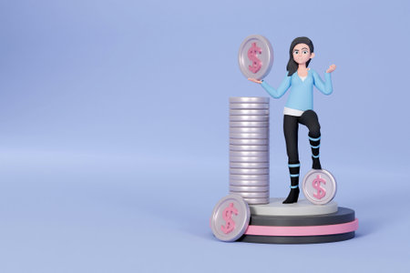 3D woman with stack of coinsの写真素材