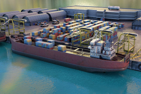 3D container port with a freighterの写真素材