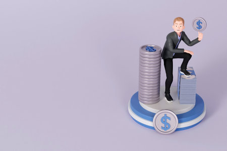 3D businessman with stacks of money