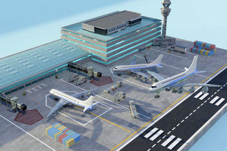 3D airport exterior with cargo airplanesの写真素材