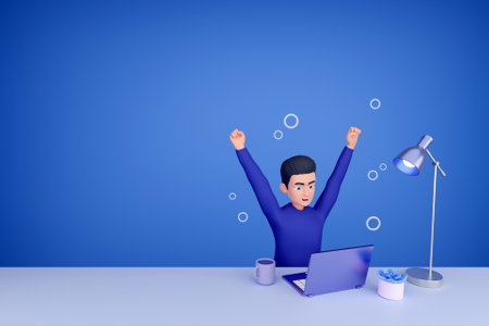 3D man cheering in front of laptopの写真素材