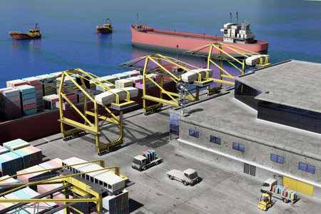 3D container port with freightersの写真素材