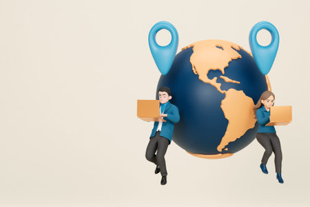 3D working from different parts of the world concept