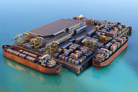 3D container port with freightersの写真素材