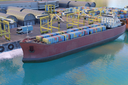 3D container port with freightersの写真素材