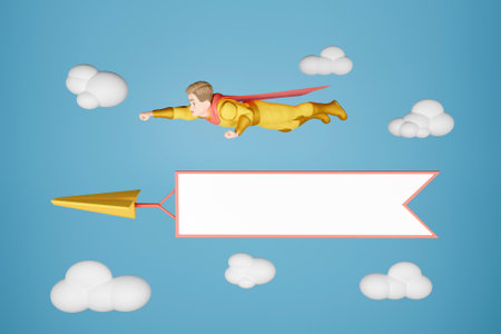 3D superhero with flying banner