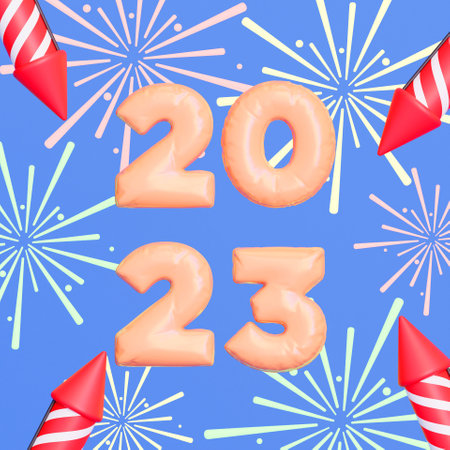 3D 2023 New Year background with fireworks