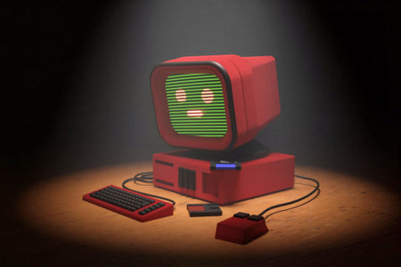 3D retro computer with emoticon on screenの写真素材