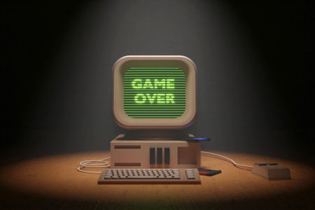 3D retro computer with game over text on screen