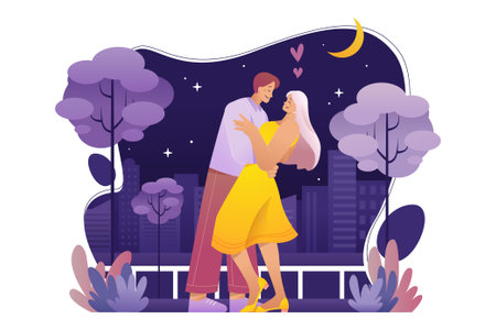 Man and woman embracing outdoors at nightのイラスト素材