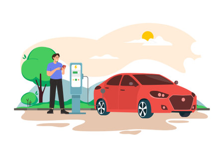 Man with electric car charging outdoorsのイラスト素材