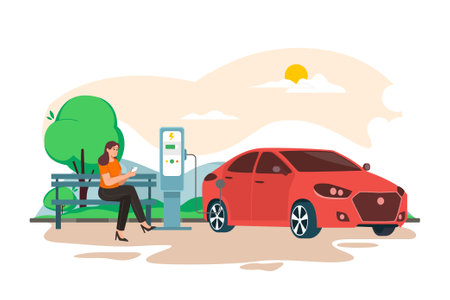 Woman with electric car charging outdoorsのイラスト素材
