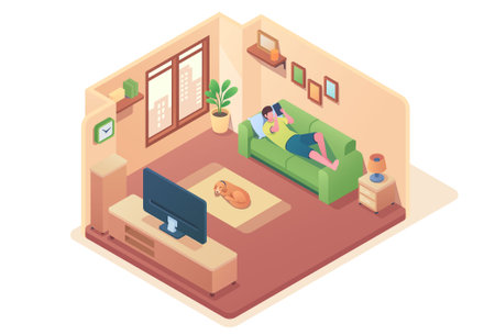 Man using mobile phone while lying on sofaのイラスト素材