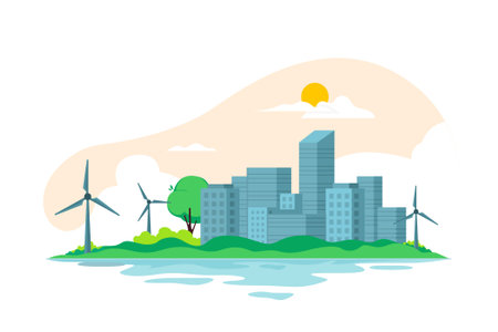 City landscape with wind turbinesのイラスト素材