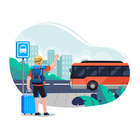 Traveler with luggage at bus stopのイラスト素材