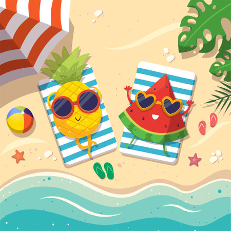 Pineapple and watermelon having sunbath at the beachのイラスト素材