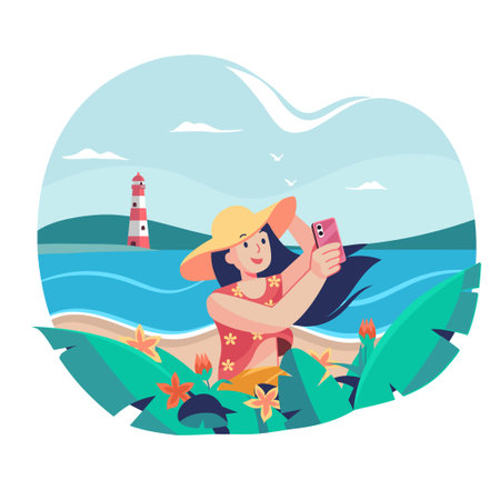 Woman taking selfie at the beachのイラスト素材