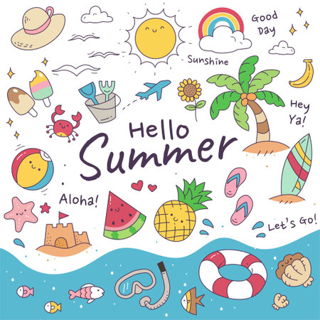 Doodle style design with summer elementsのイラスト素材