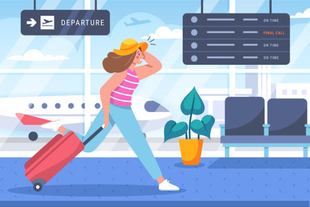 Woman rushing in airport, late for boardingのイラスト素材