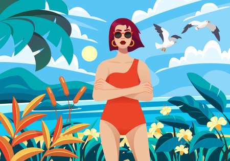 Beautiful woman at beachのイラスト素材