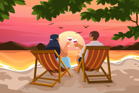 Couple having drink while sitting at the beachのイラスト素材
