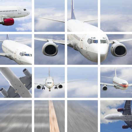 the airplane on  the blue sky background.