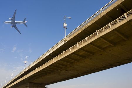 The highway bridge with a blue sky background.の写真素材