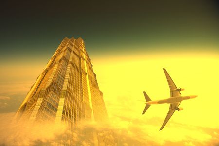 the airplene voyageing through the modern buildings of the lujiazui financial centre in shanghai china.の写真素材