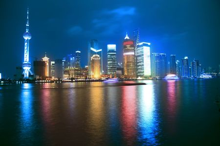 Economic Center of China - Night View of Shanghai with Pearl Tower