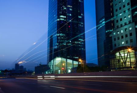 Traffic through downtown  the lujiazui financial centre in shanghai china.の写真素材