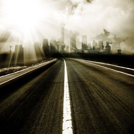 the abstract background of the road and city .の写真素材