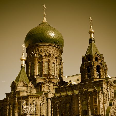 the part of the  Holy Sophia cathedral on the cloudy background outdoor.の写真素材