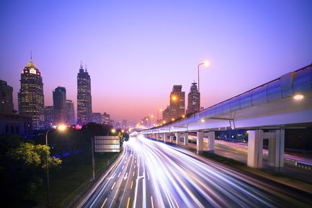 Megacity Highway at night with light trails in shanghai china.