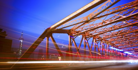 Night traffic lights inside of the Garden Bridge of shanghai china.の写真素材