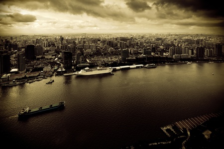 view from the Oriental Pearl TV Tower.shanghai lujiazui financial center aside the huangpu river.