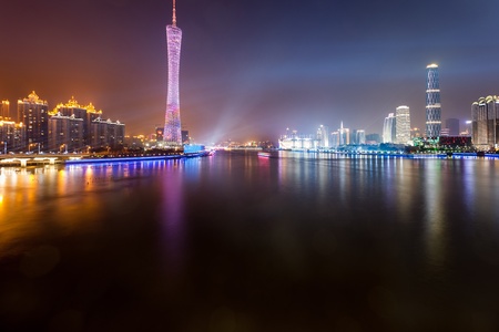 Zhujiang River and modern building offinancial district at night in guangzhou china.