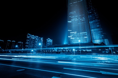 the light trails on the modern building background in shanghai china.