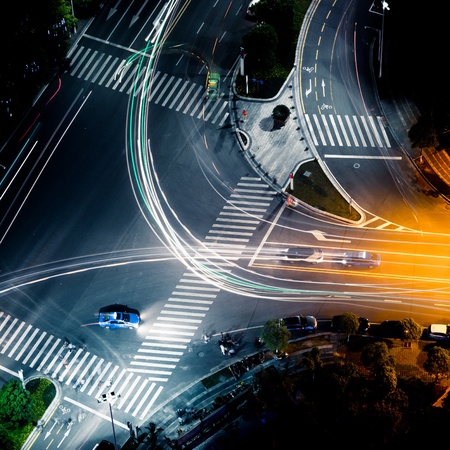 Megacity Highway at night with light trails in shanghai china.の写真素材