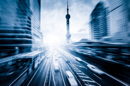 traffic at shanghai china. blue toned image.の写真素材