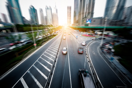 traffic at shanghai china. blue toned image.の写真素材