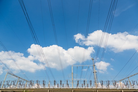 High voltage towers with sky background. blue toned images.の写真素材