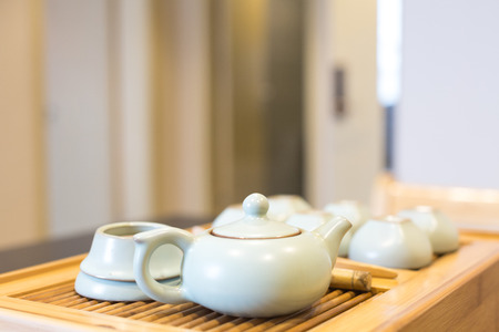 close up of tea set in hotel room.の写真素材
